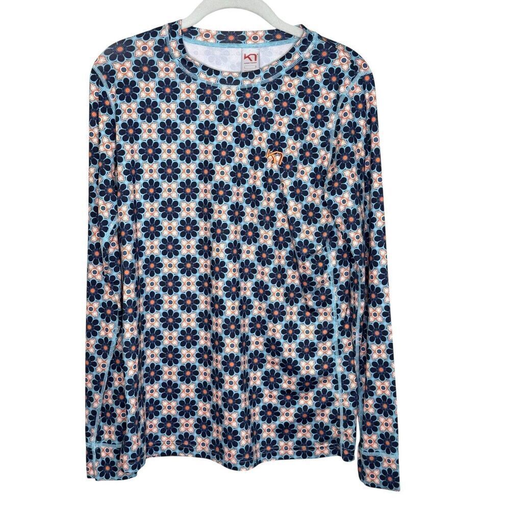 Kari Traa Shirt Womens Large Blue Floral Long Sleeve Stretch Baselayer Top